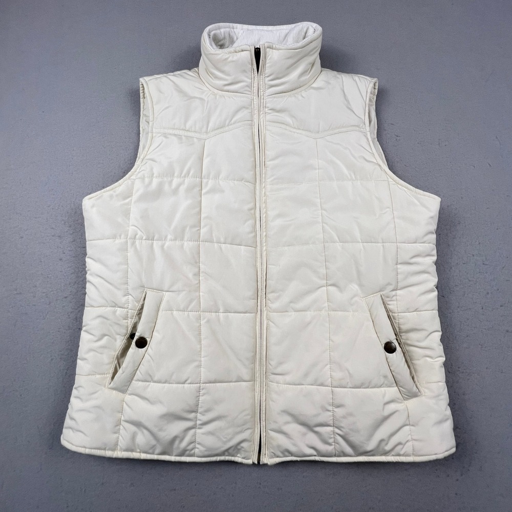 Chaps Puffer Vest Womens Large White Quilted Full Zip Corduroy Collar Outerwear